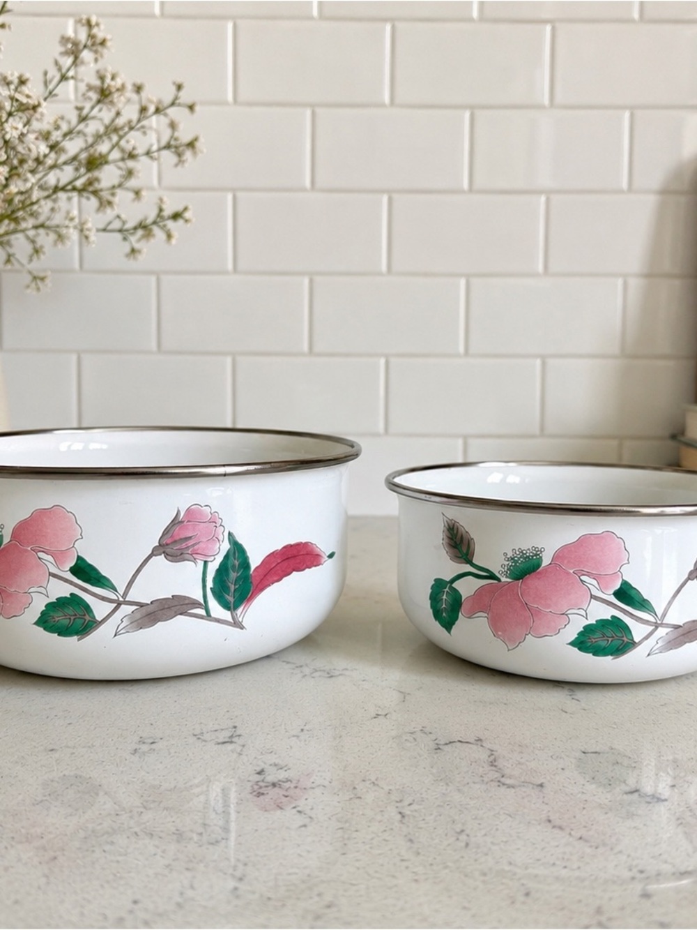 Vintage Mikasa Metal Bowls Set of 2 | Pink Floral Enamel Bowls
